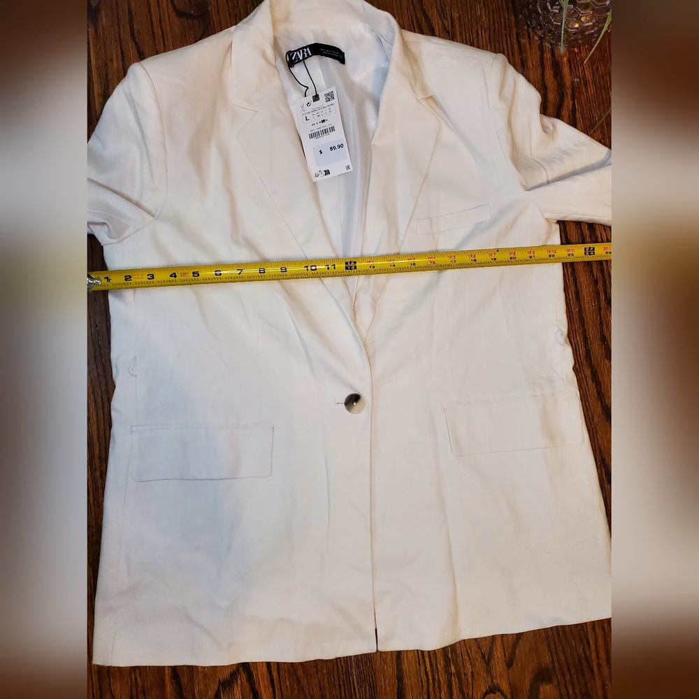 Zara Ecru Linen Blend Belted One Button Blazer - Picture 11 of 16